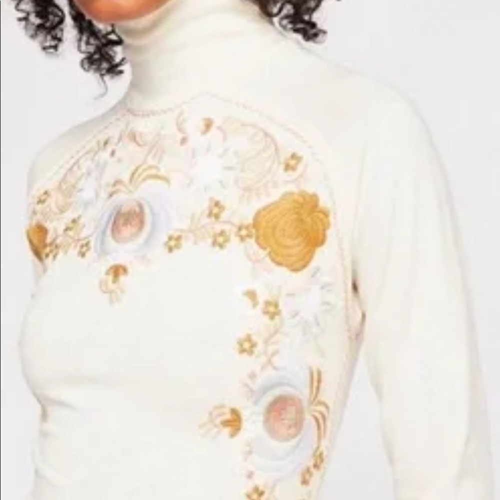 Free People Long Sleeve Embroidered Mock Neck Top